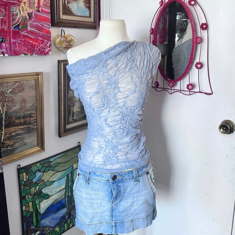 zara blue sheer mesh rouged short sleeve top